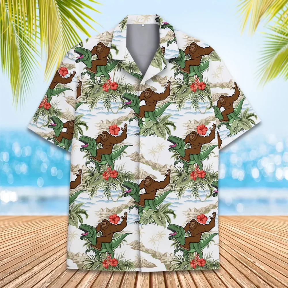 Bigfoot Riding Dinosaur Unisex Hawaiian Shirt Aloha Shirt HWBN2765701 - Beltina