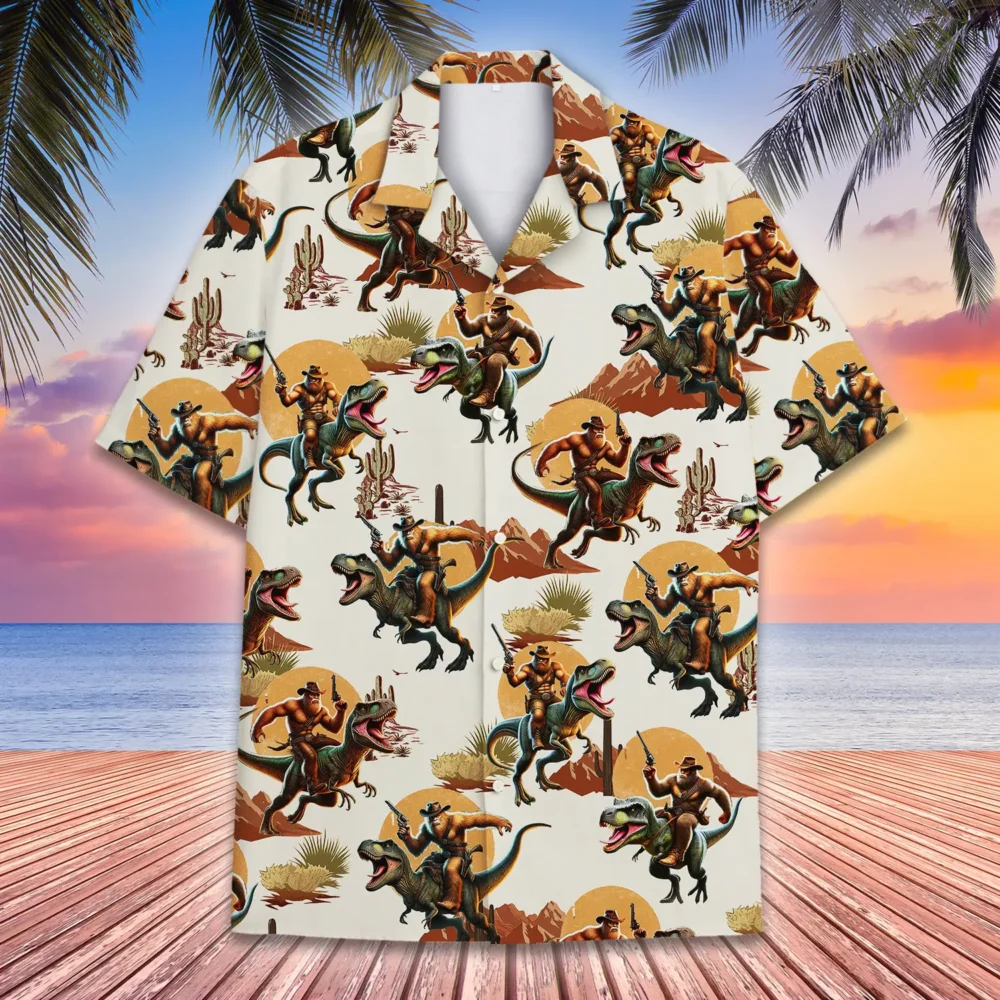 Bigfoot Riding Dinosaur Bigfoot Cowboy Unisex Hawaiian Shirt Aloha Shirt HWBN2765708 - Beltina