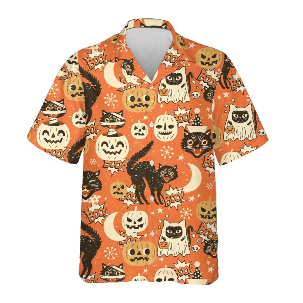 Halloween Pumpkin Cat Unisex Hawaiian Shirt Aloha Shirt HWBN2765677 - Beltina