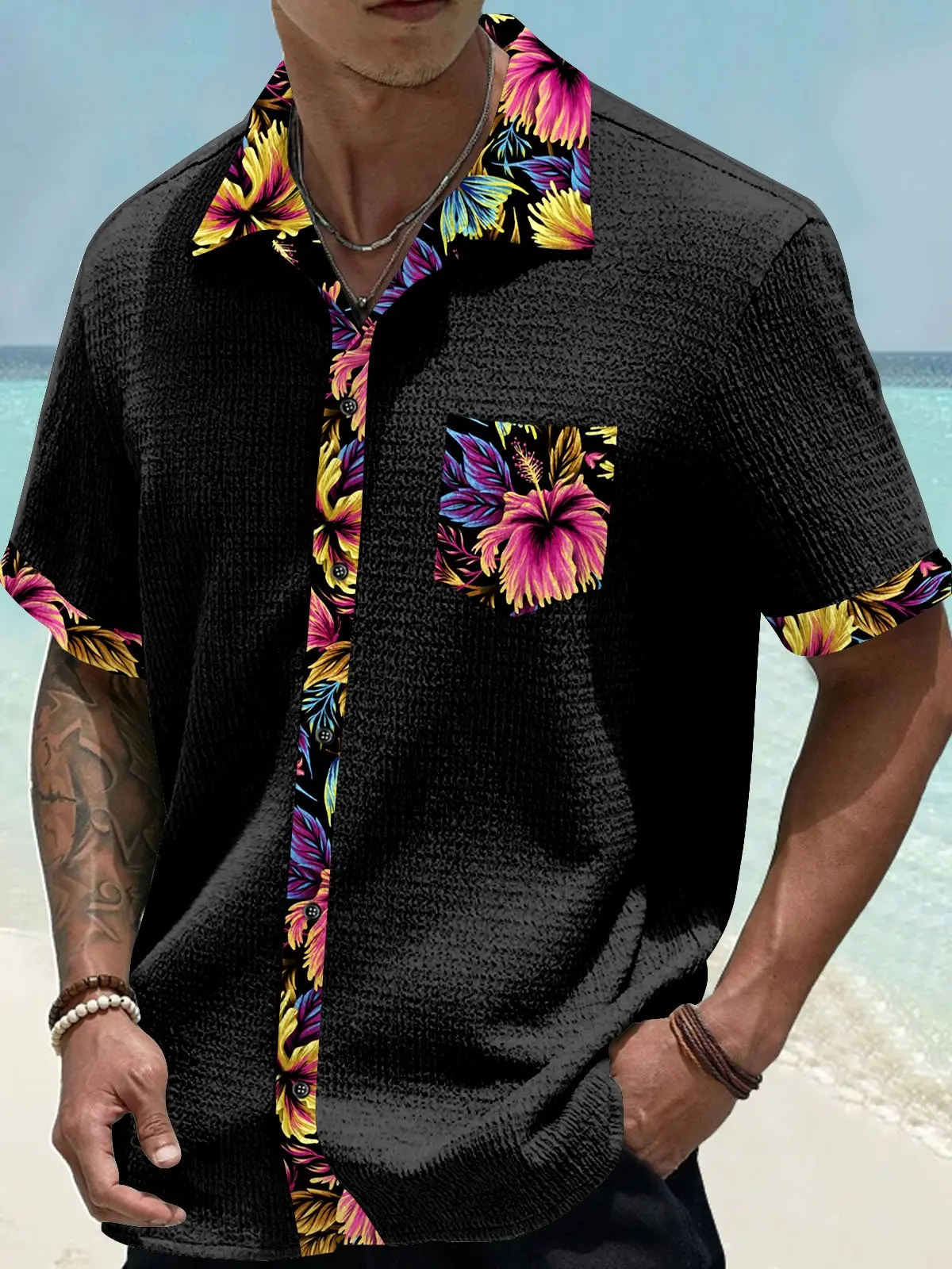 basic-floral-patchwork-printed-mens-seersucker-stretch-hawaiian-shirt-3