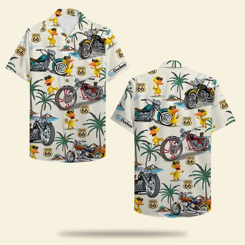 Biker Duck Unisex Hawaiian Shirt Aloha Shirt Summer Vibe Duck & Classic Motorcycles Pattern HWBN2765608 - Beltina