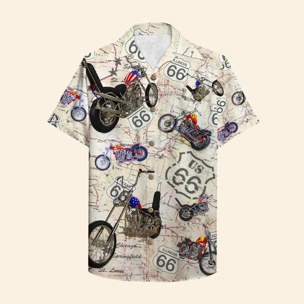 Biker Unisex Hawaiian Shirt Aloha Shirt Summer Vibe Vintage Motorcycle Route 66 Pattern HWBN2765615 - Beltina