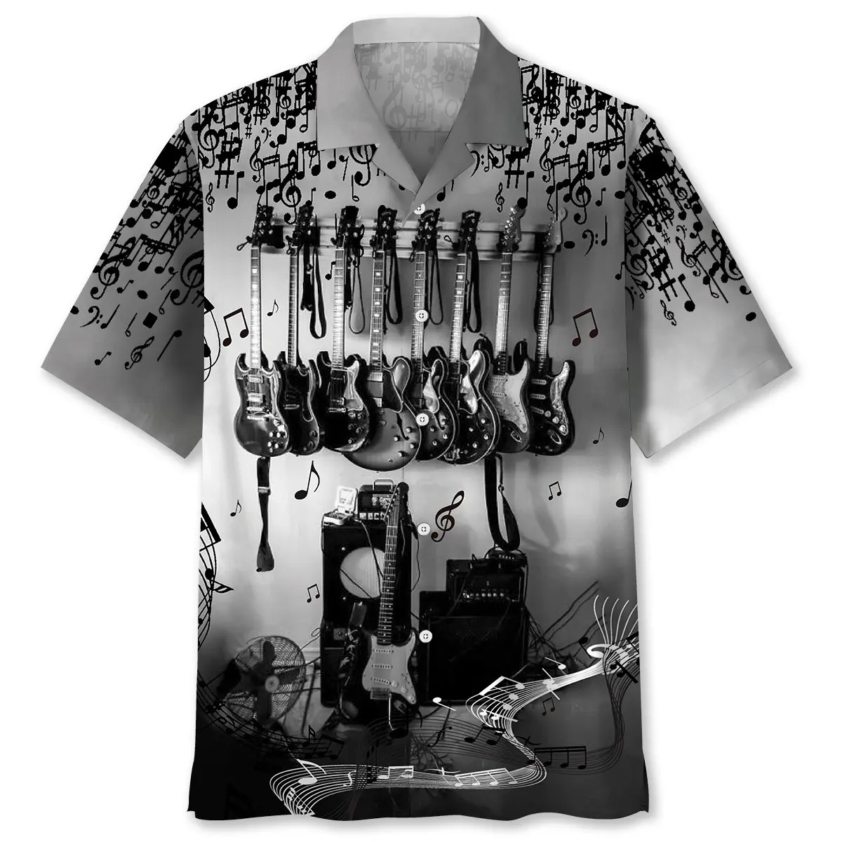 black-and-white-guitarist-hawaiian-shirt