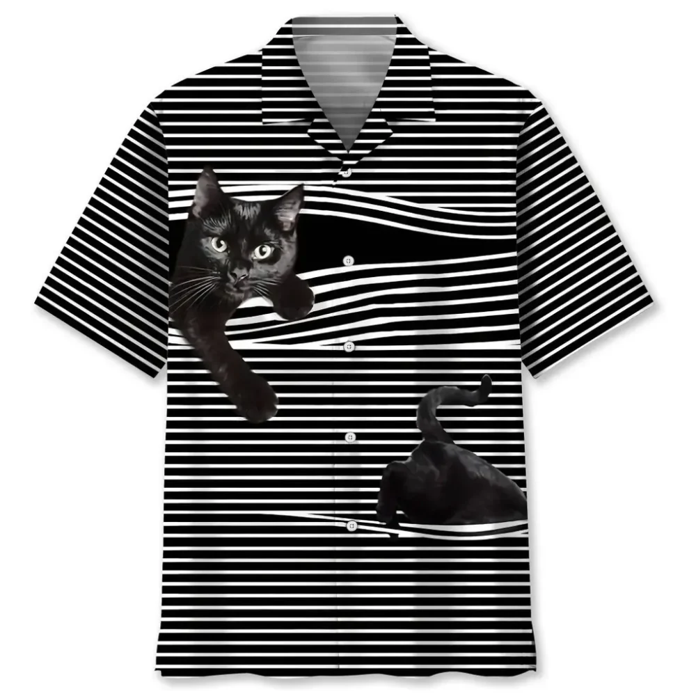 Black Cat Stripes Pattern Hawaiian Shirt HWBN2762423 - Beltina