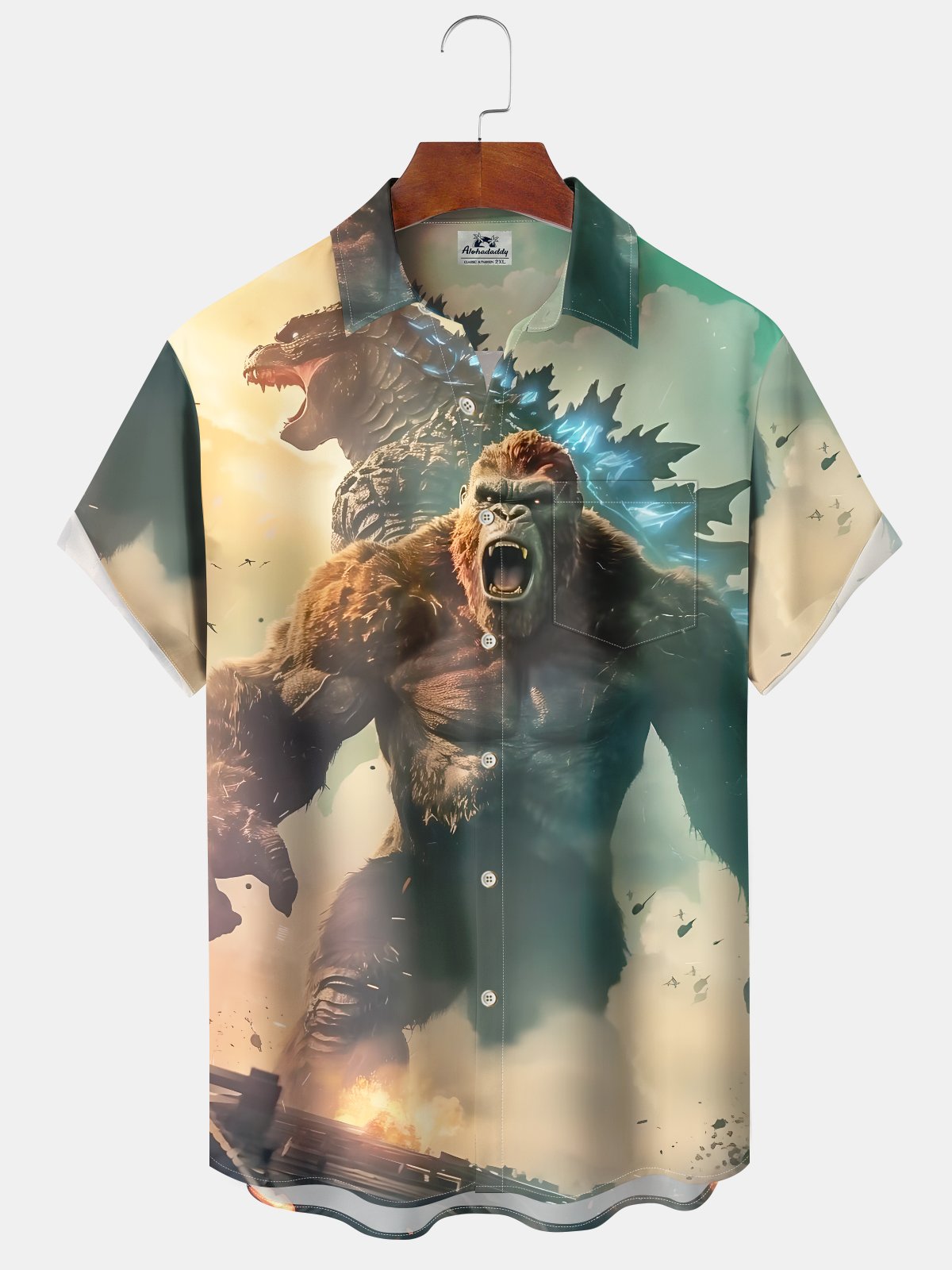 casual-everyday-king-kong-godzilla-print-art-stretch-large-size-button-cardigan-polyester-hawaiian-shirt
