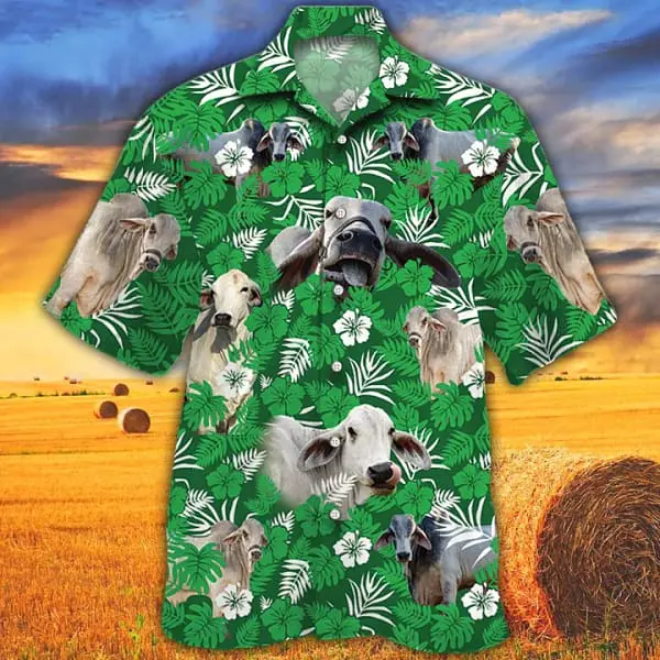 cow-tropical-cow-men-trendy-hawaiian-shirts-brahman-cattle-lovers-green-floral-pattern-trendy-hawaiian-shirt-1