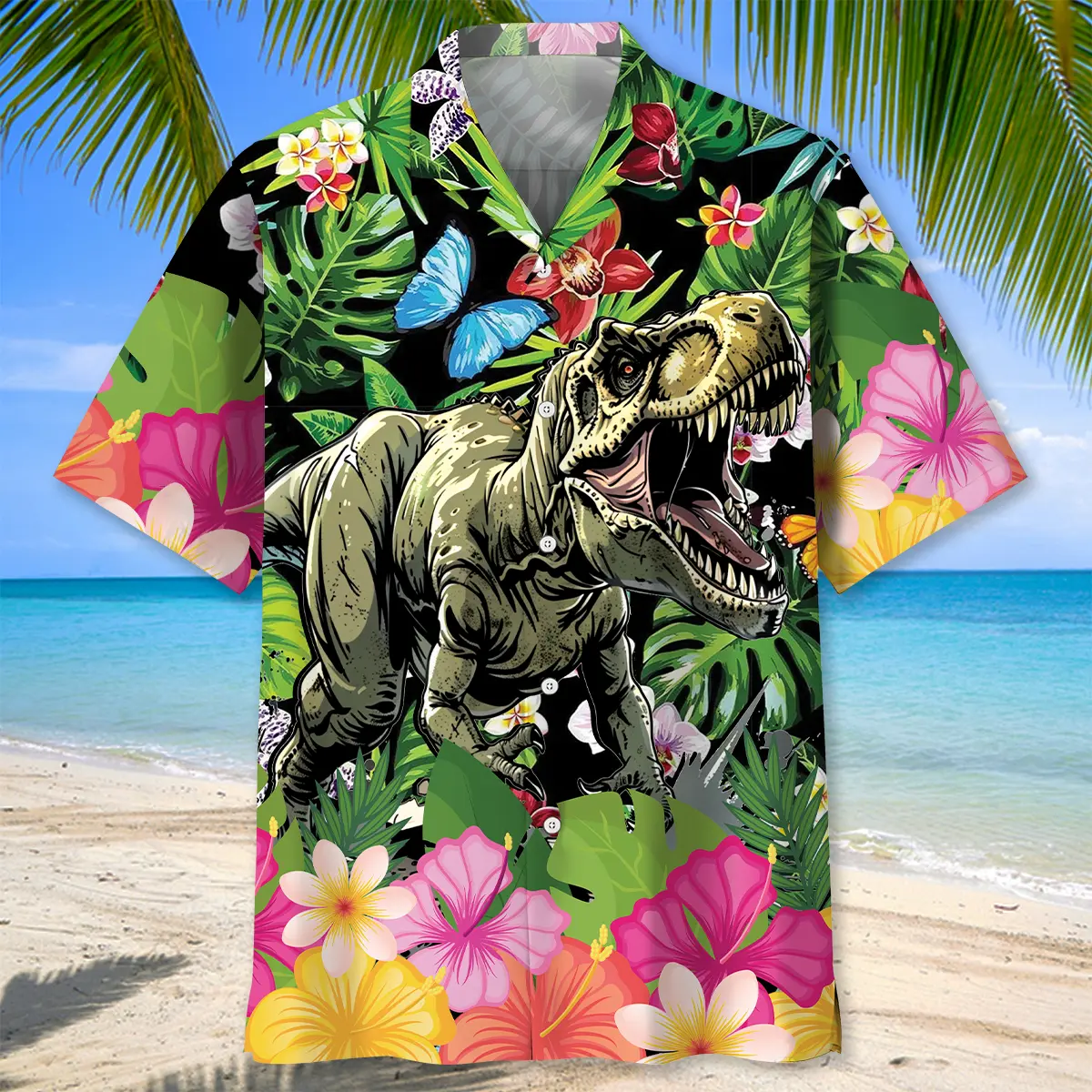 dinosaur-tropical-flowers-hawaiian-shirt-1