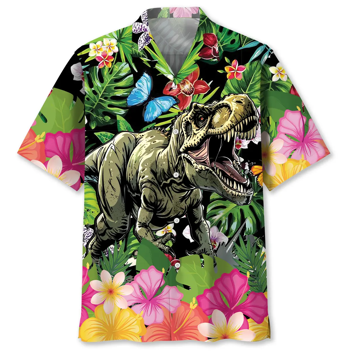dinosaur-tropical-flowers-hawaiian-shirt