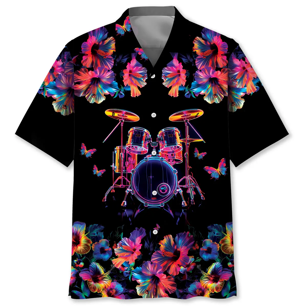 drum-neon-hibiscus-flower-hawaiian-shirt