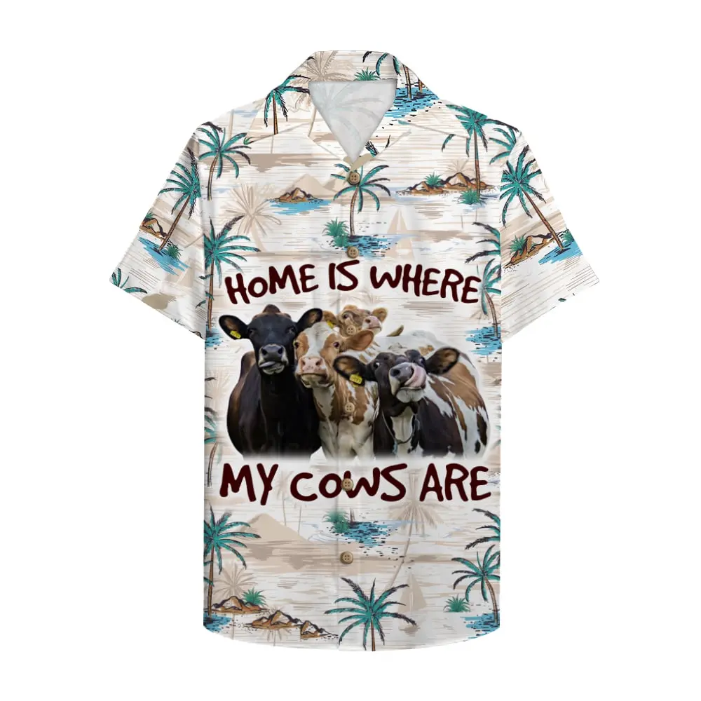 Home Is Where My Cows Are Palm Tree Pattern Unisex Hawaiian Shirt Aloha Shirt HWBN2765635 - Beltina