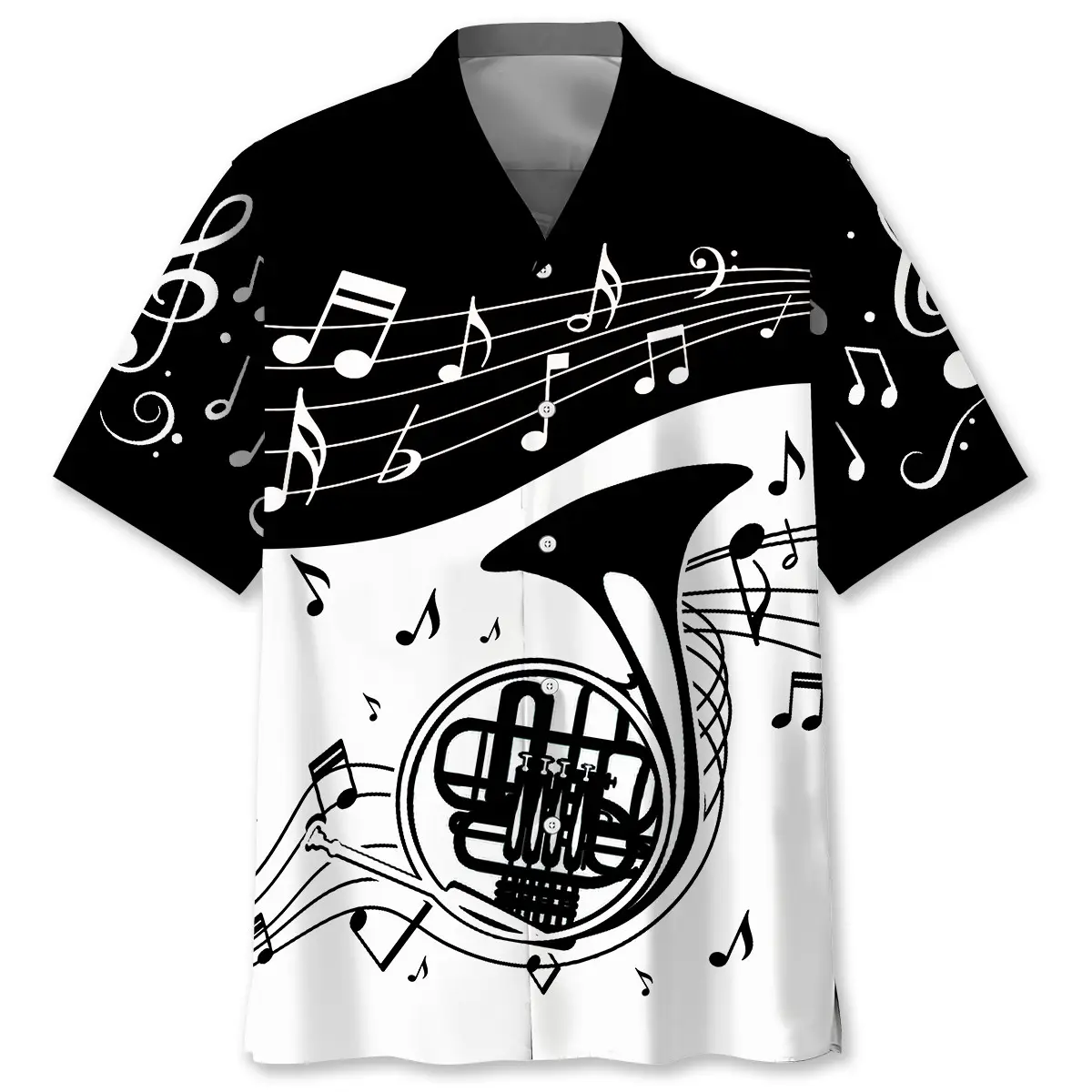 french-horn-black-and-white-hawaiian-shirt
