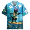 Funny Black Cat Surfing Hibiscus Hawaiian Shirt HWBN2764326 - Beltina