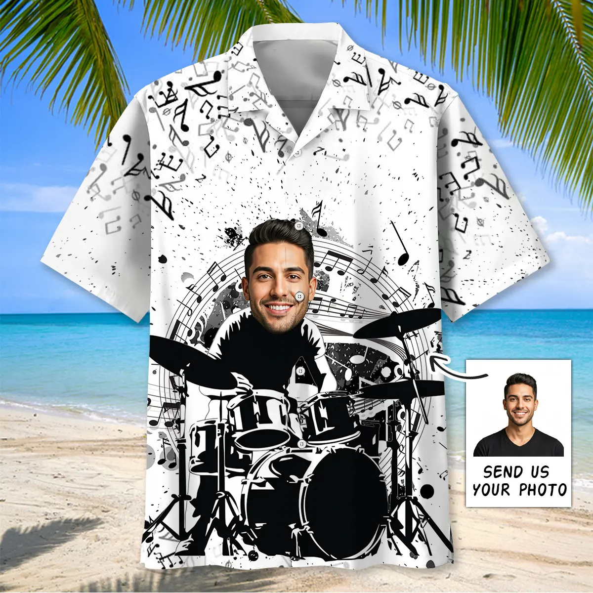 funny-drum-black-white-custom-photo-hawaiian-shirt