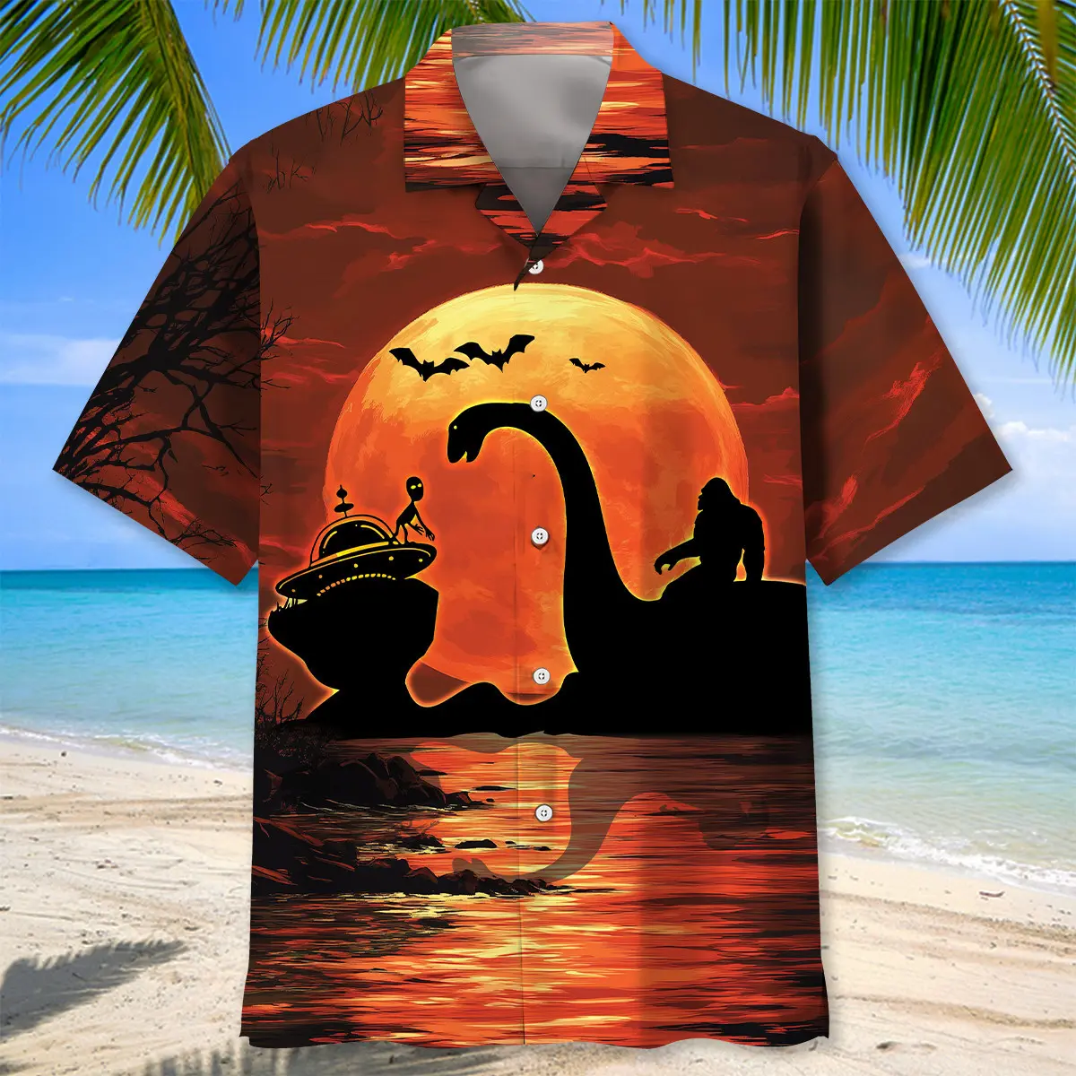 halloween-bigfoot-riding-on-lochness-monster-and-alien-hawaiian-shirt-1