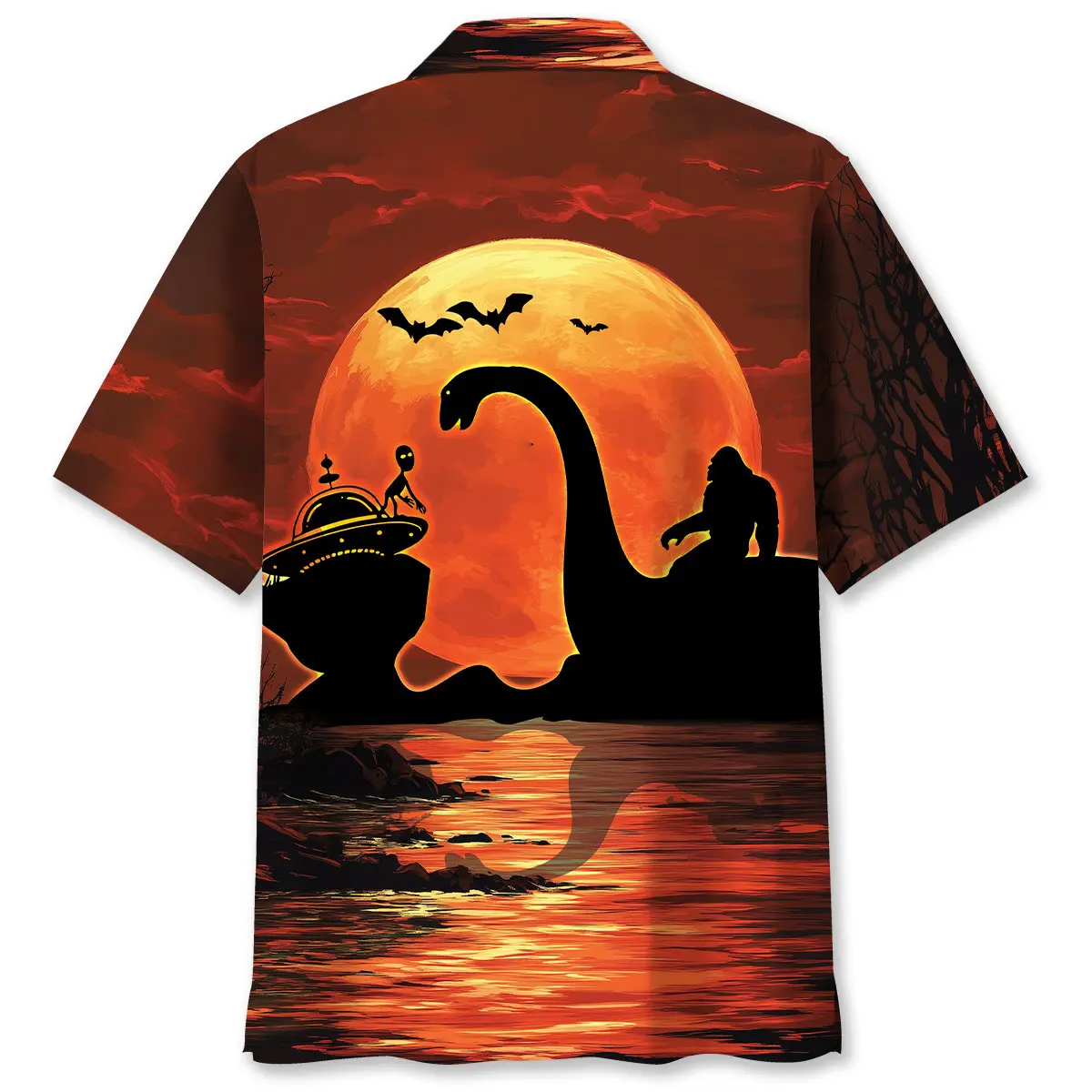 halloween-bigfoot-riding-on-lochness-monster-and-alien-hawaiian-shirt-2