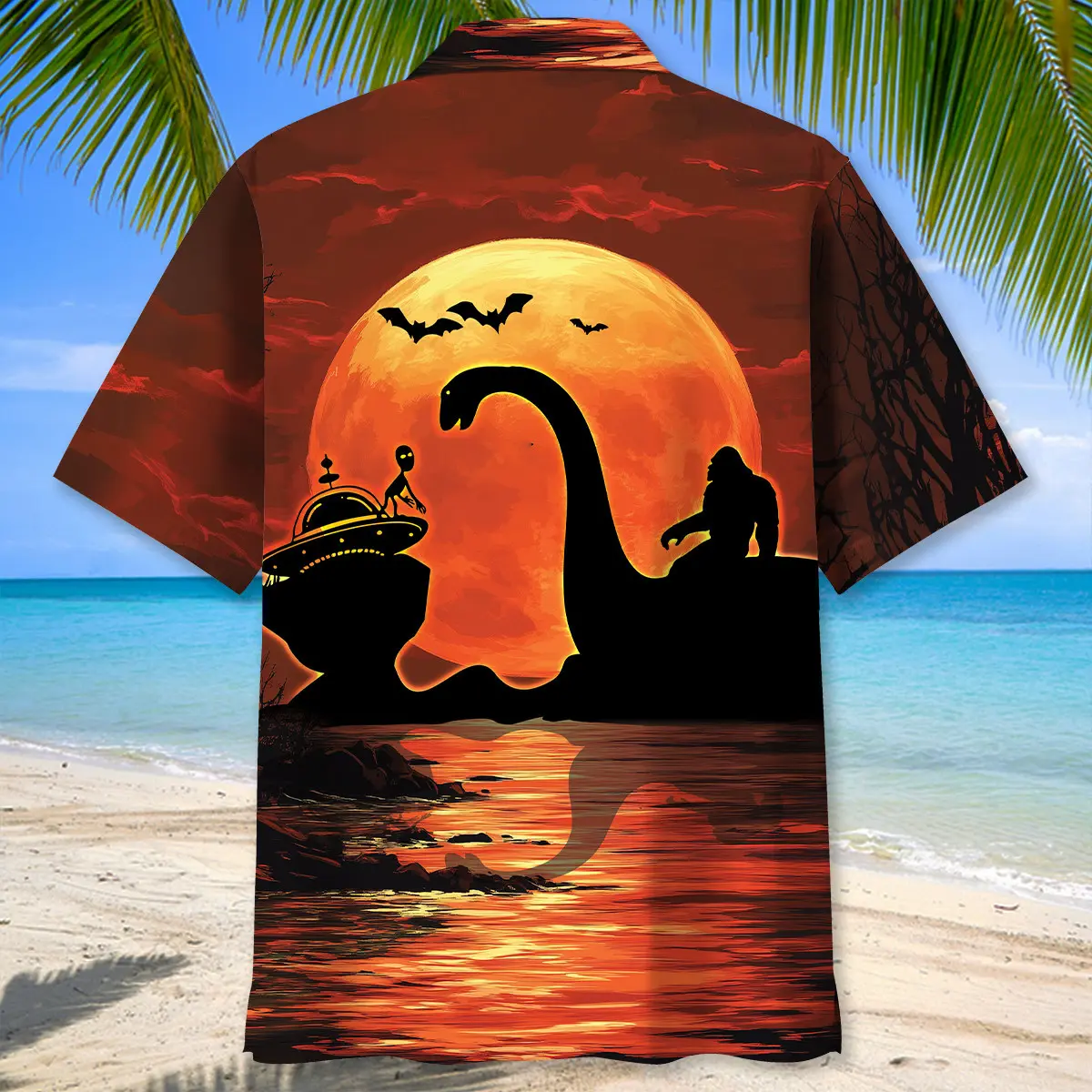 halloween-bigfoot-riding-on-lochness-monster-and-alien-hawaiian-shirt-3