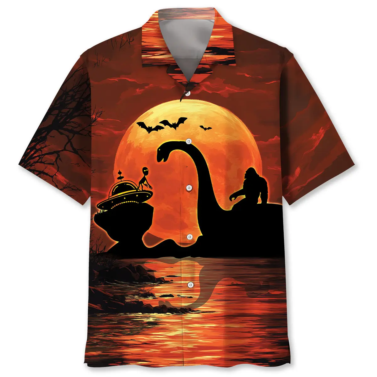 halloween-bigfoot-riding-on-lochness-monster-and-alien-hawaiian-shirt