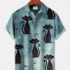 Halloween Light Blue Black Cat Men's Hawaiian Shirts Spider Web Cartoon Fun Stretch Aloha Camp Button Shirts HWBN2765172 - Beltina