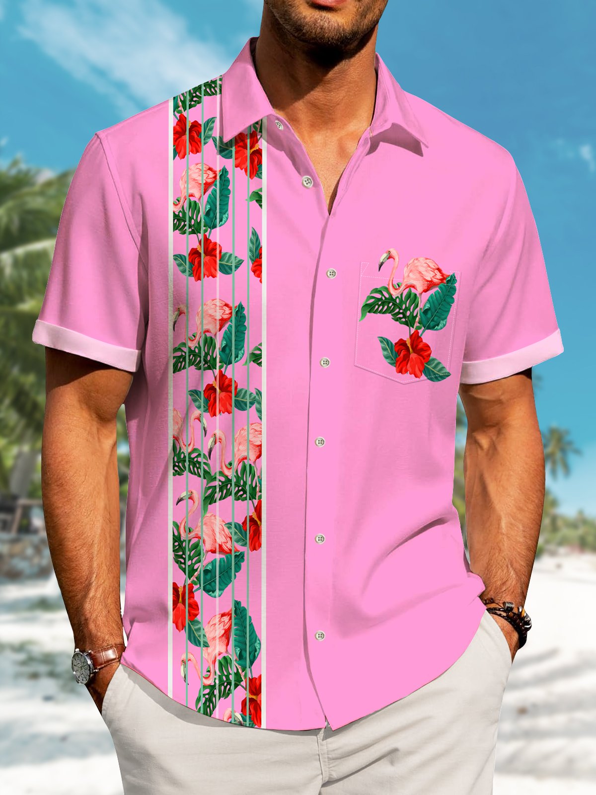 hawaii-flamingo-plant-contrast-color-stripe-print-art-button-stretch-large-size-mens-hawaiian-shirt-1