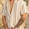 Men's Retro Striped Print Stretch Hawaiian Shirt HWBN2765102 - Beltina