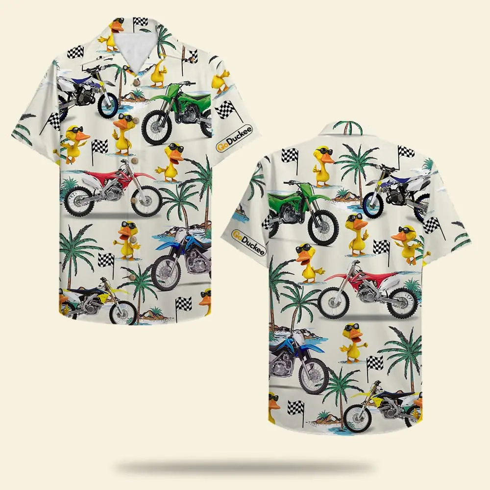 Motocross Duck Unisex Hawaiian Shirt Aloha Shirt Summer Vibe Dirt Bike and Fancy Duck Pattern HWBN2765607 - Beltina