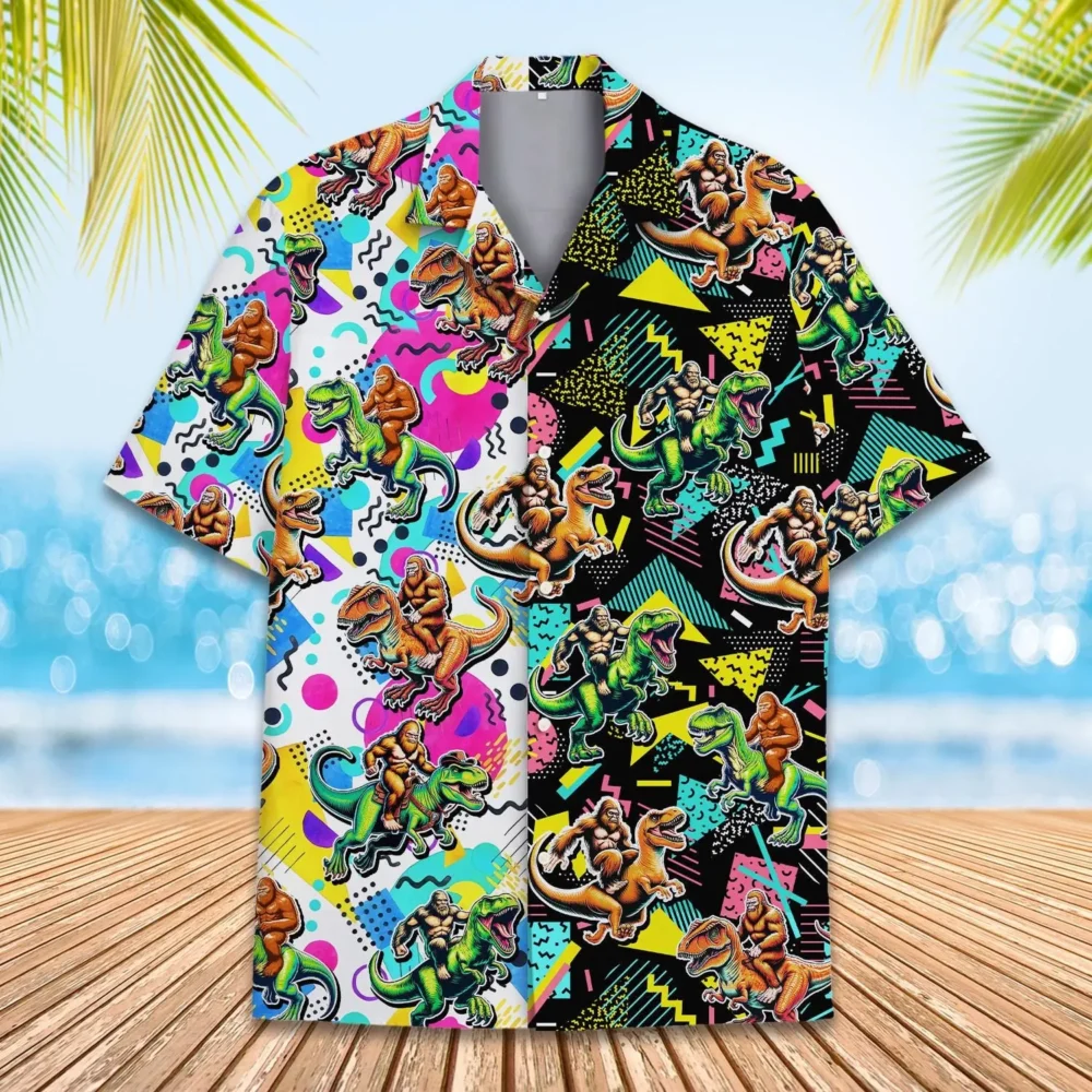 Retro Bigfoot Riding Dinosaur Unisex Hawaiian Shirt Aloha Shirt HWBN2765678 - Beltina