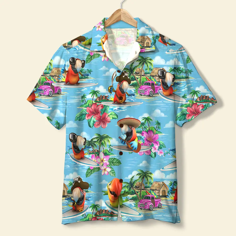 Surfing Parrot Unisex Hawaiian Shirt Aloha Shirt Summer Vibe Tropical Island Scenes HWBN2765582 - Beltina