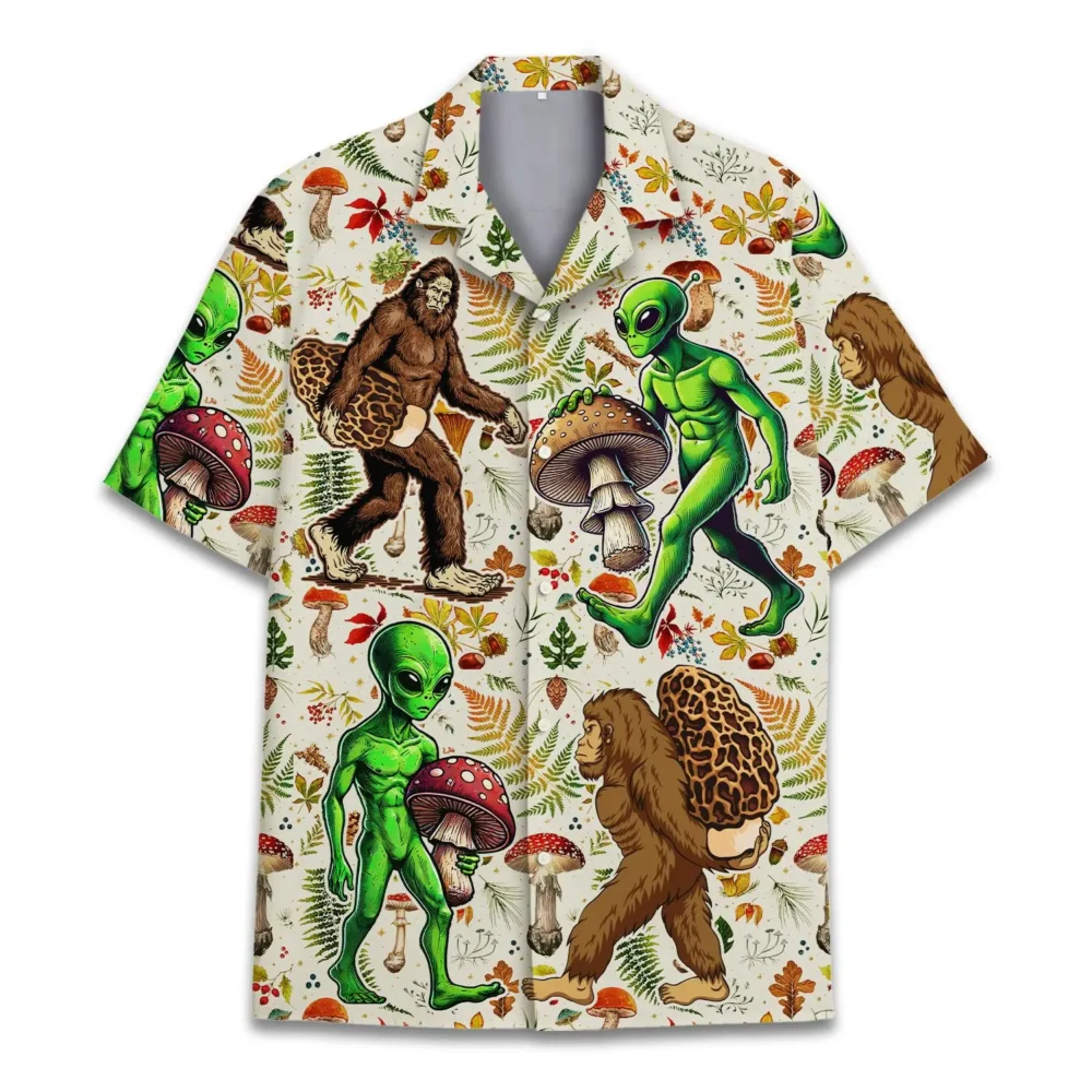 Bigfoot And Alien Mushroom Unisex Hawaiian Shirt Aloha Shirt HWBN2765672 - Beltina