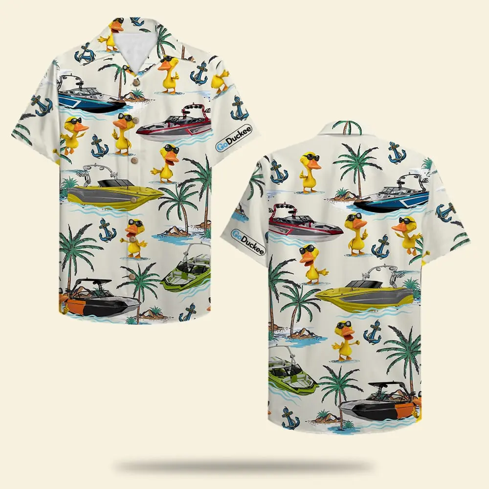 Wakeboarding Duck Unisex Hawaiian Shirt Aloha Shirt Summer Vibe Wakeboard Boat & Duck Pattern HWBN2765609 - Beltina
